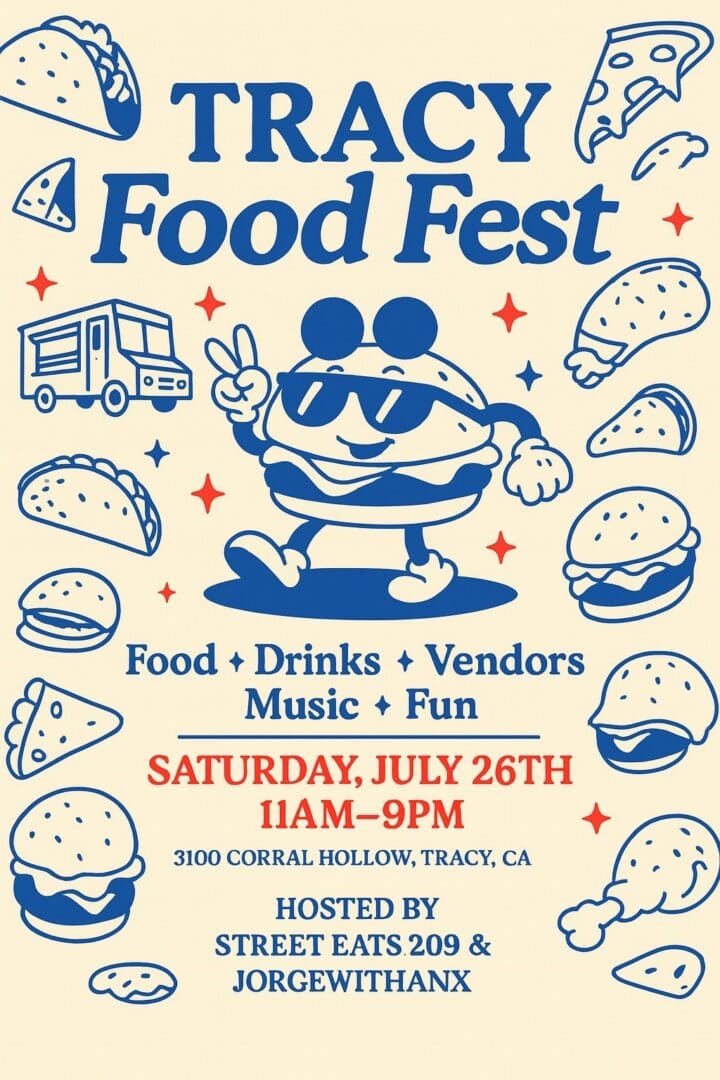 Food festival poster with cartoon burger.
